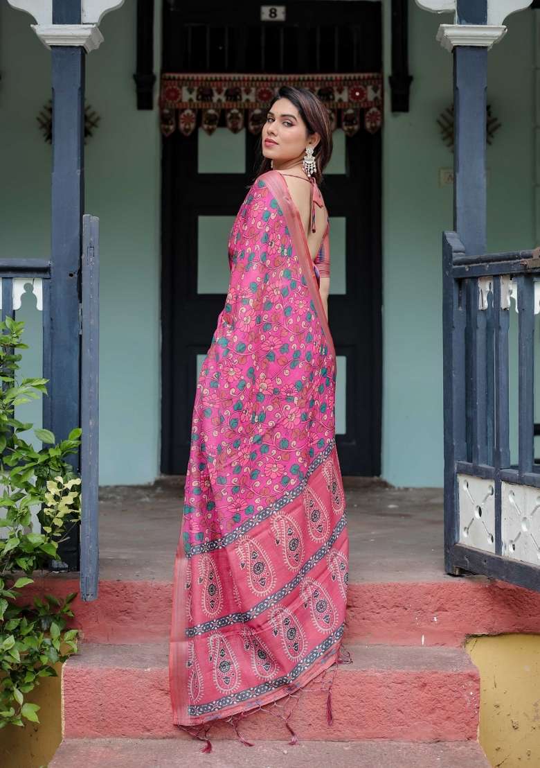 Pink Embroidery Linen Saree Set for Diwali and Festive Wear - Indya
