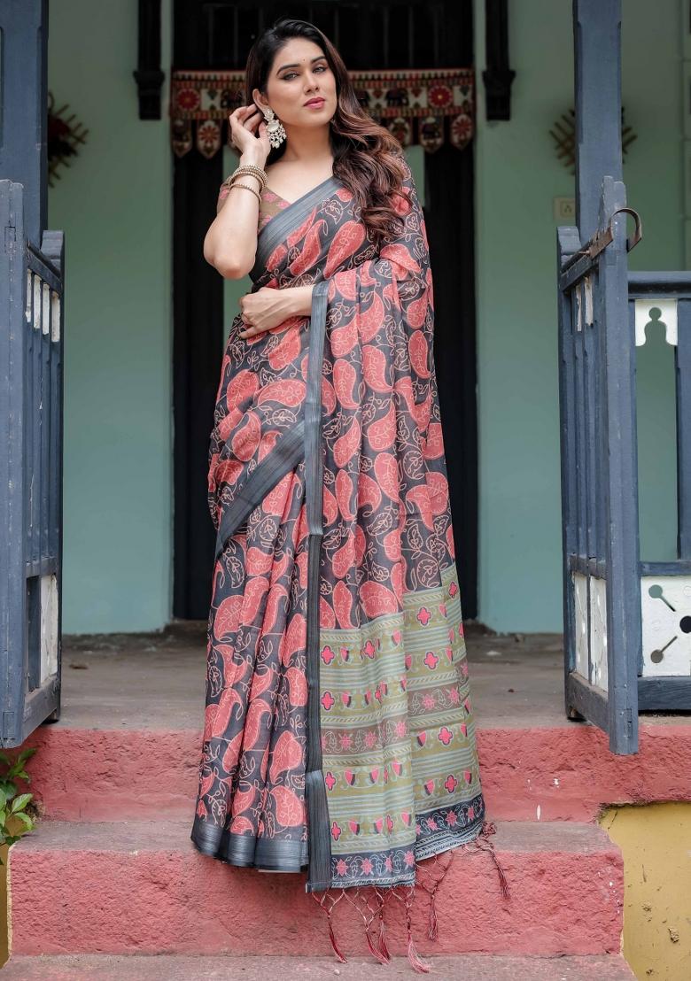Black Embroidery Linen Saree Set - Indya