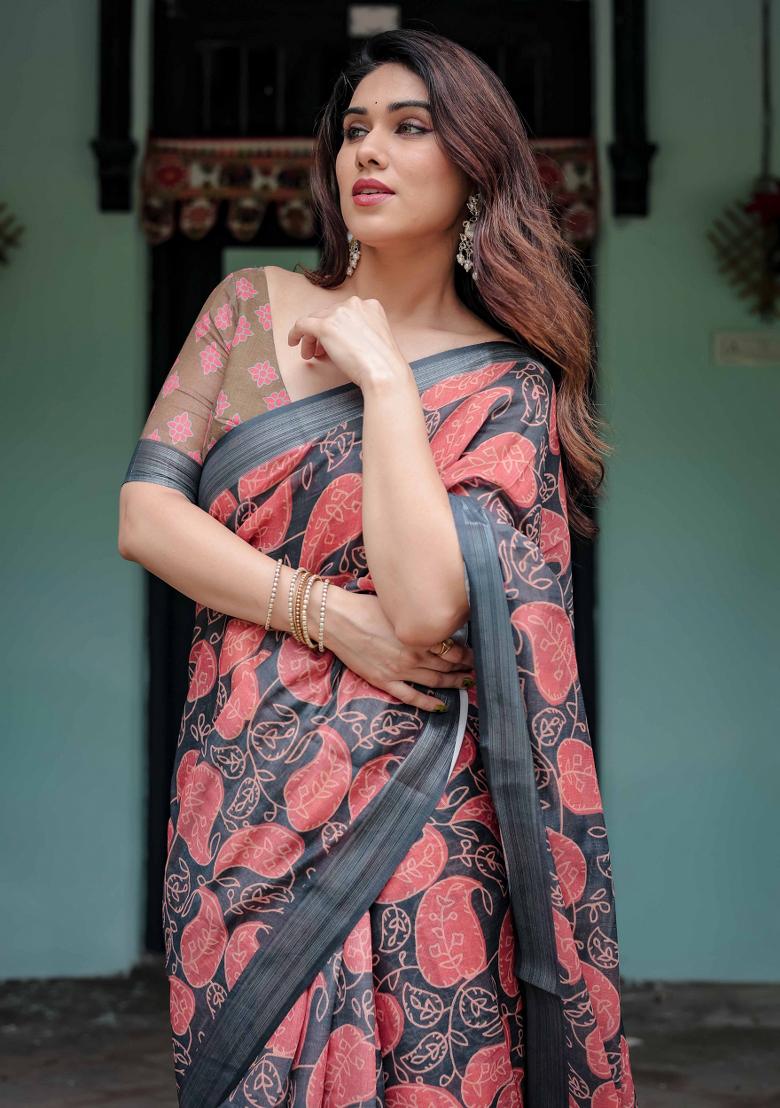 Black Embroidery Linen Saree Set - Indya