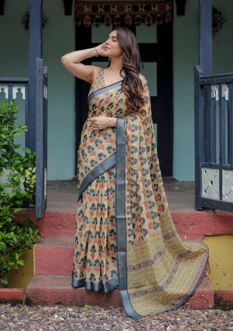 Yellow Embroidery Linen Saree Set - Indya
