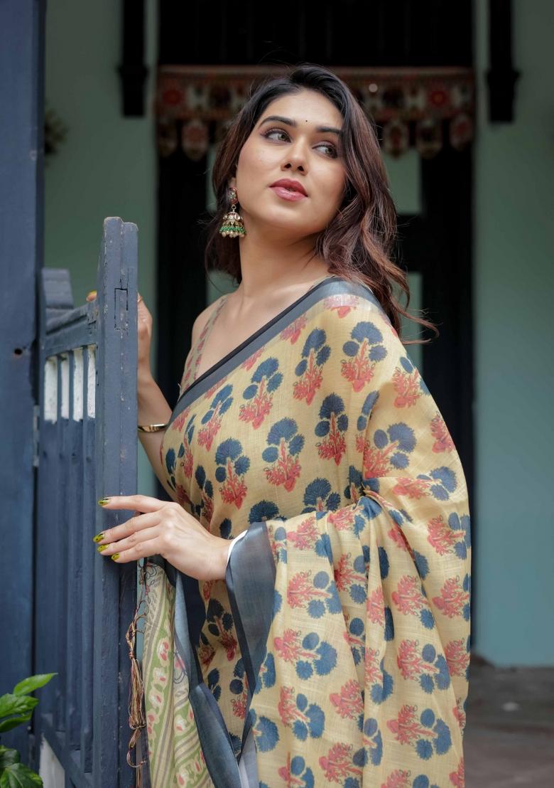 Yellow Embroidery Linen Saree Set - Indya