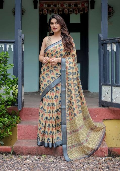 Yellow Embroidery Linen Saree Set