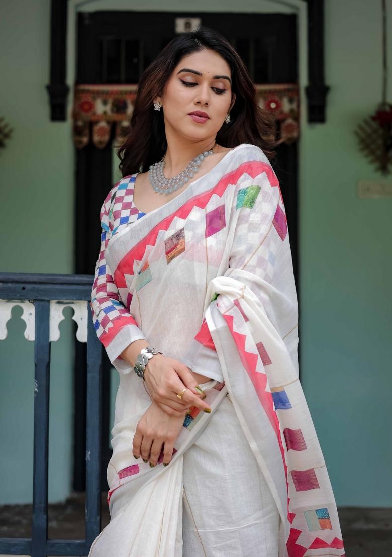 White Embroidery Linen Saree Set - Indya