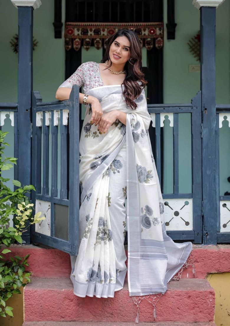 White Embroidery Linen Saree Set - Indya