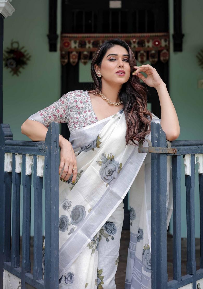 White Embroidery Linen Saree Set - Indya