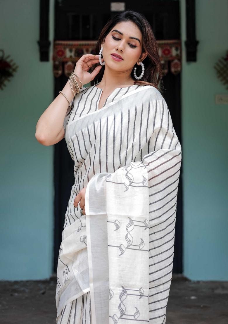 White Embroidery Linen Saree Set - Indya