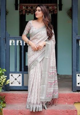Off White Embroidery Linen Saree Set