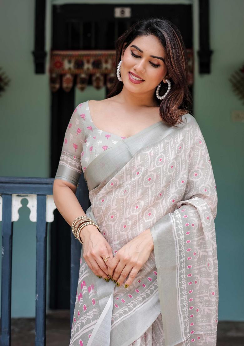 Off White Embroidery Linen Saree Set - Indya