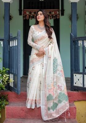 White Embroidery Linen Saree Set