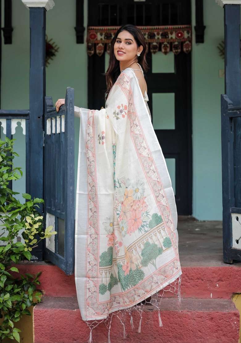 White Embroidery Linen Saree Set for Diwali and Festive Wear - Indya