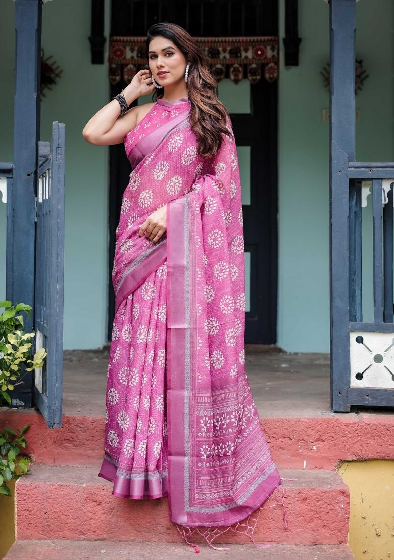 Pink Embroidery Linen Saree Set - Indya