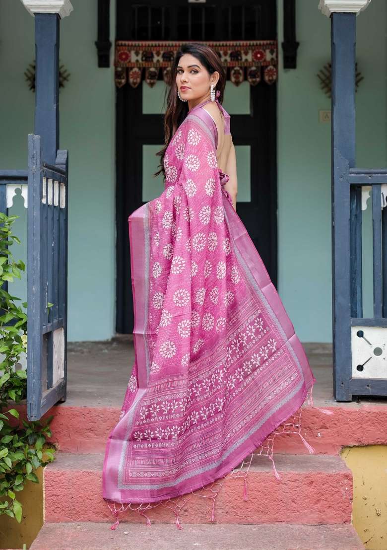 Pink Linen Saree Set with Embroidery for Diwali | Wedding & Festive Wear - Indya