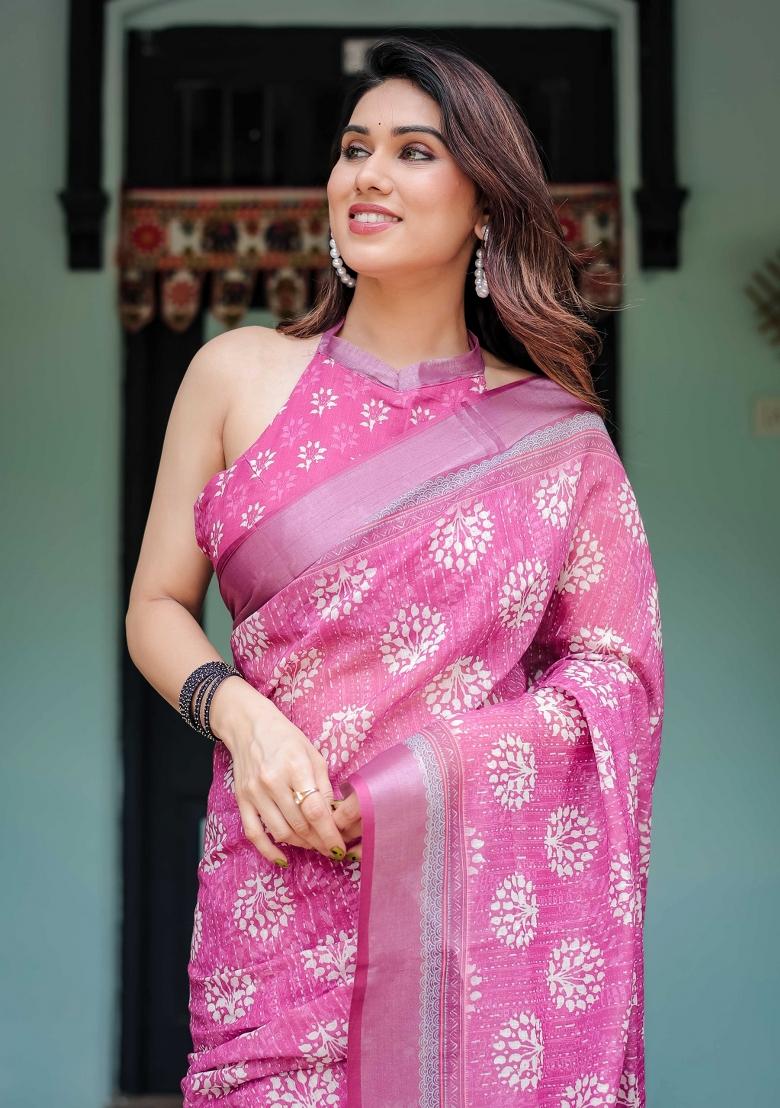 Pink Embroidery Linen Saree Set - Indya