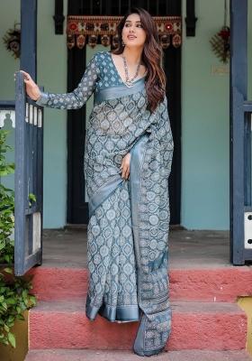 Blue Embroidery Linen Saree Set
