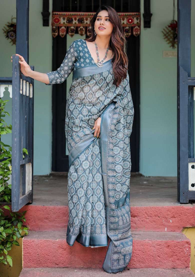 Blue Linen Saree Set with Embroidery for Diwali | Wedding & Festive Wear - Indya