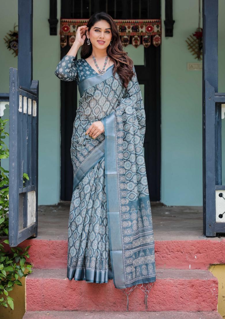 Blue Embroidery Linen Saree Set - Indya