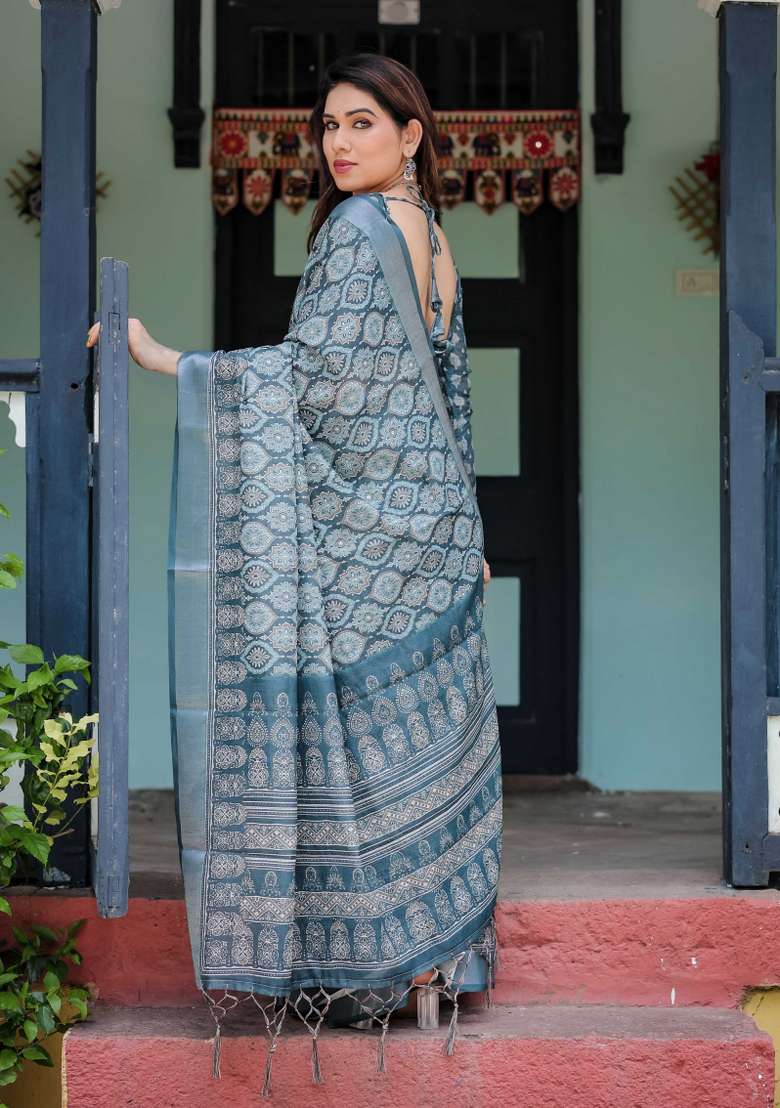 Blue Linen Saree Set with Embroidery for Diwali | Wedding & Festive Wear - Indya