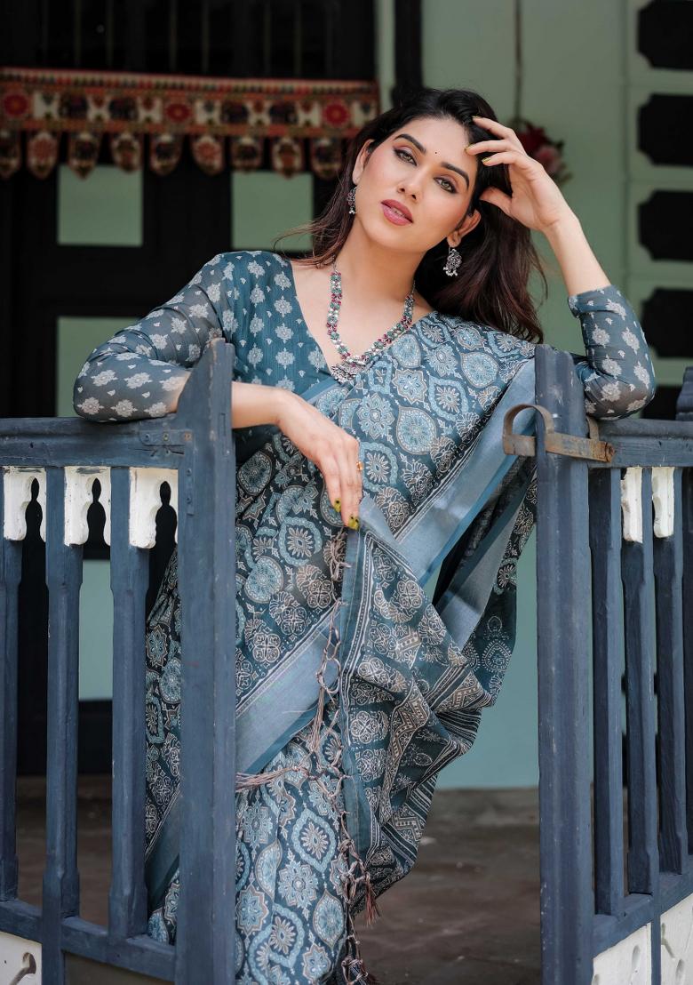 Blue Embroidery Linen Saree Set - Indya