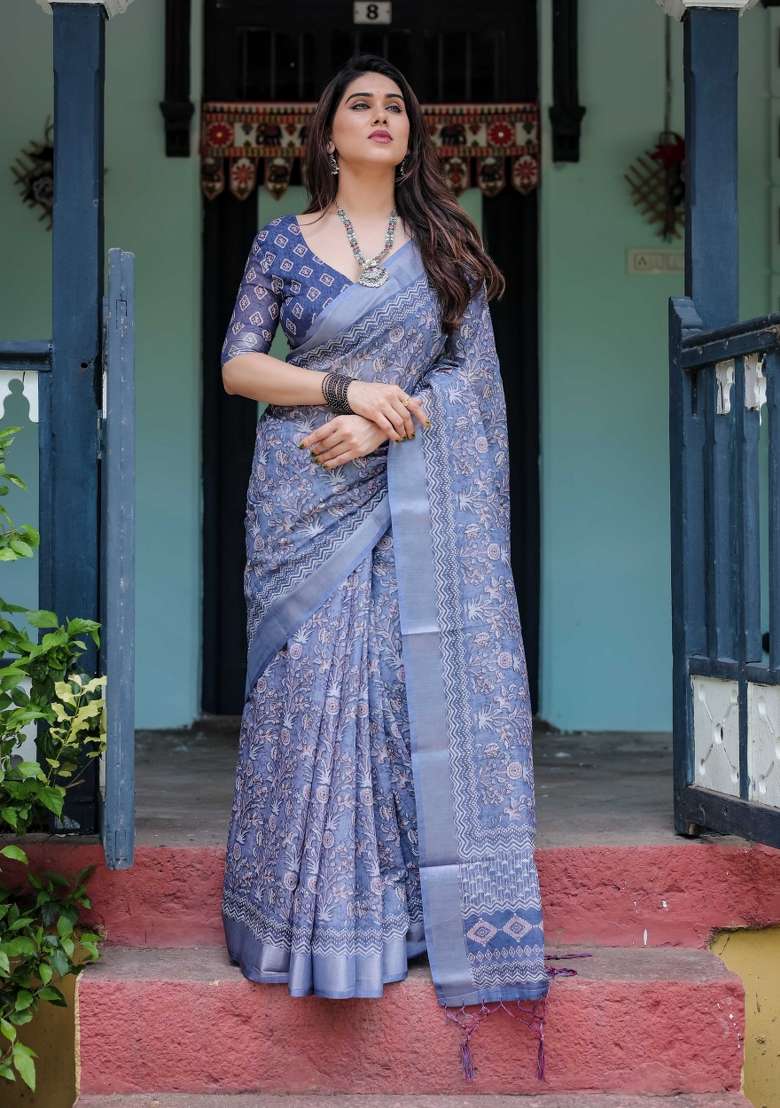 Blue Embroidery Linen Saree Set for Diwali and Festive Wear - Indya