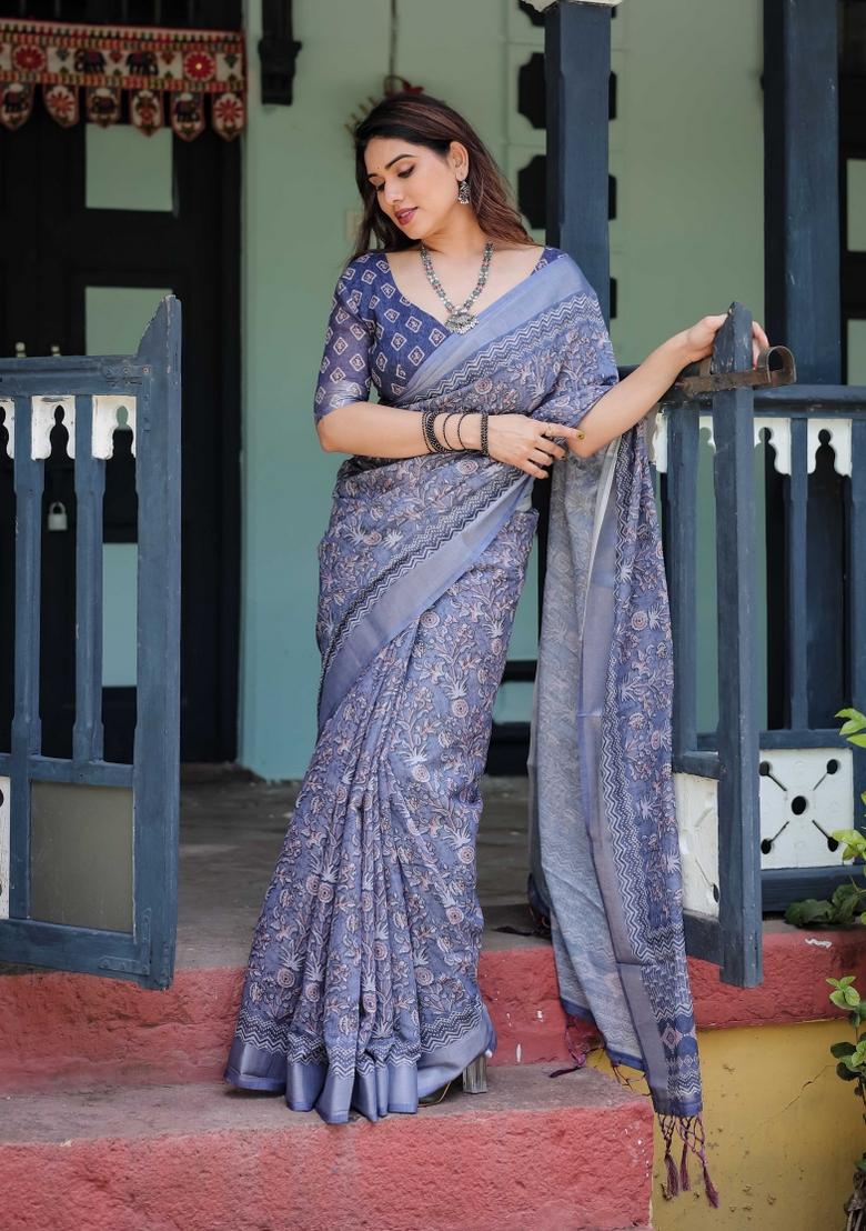 Blue Embroidery Linen Saree Set - Indya