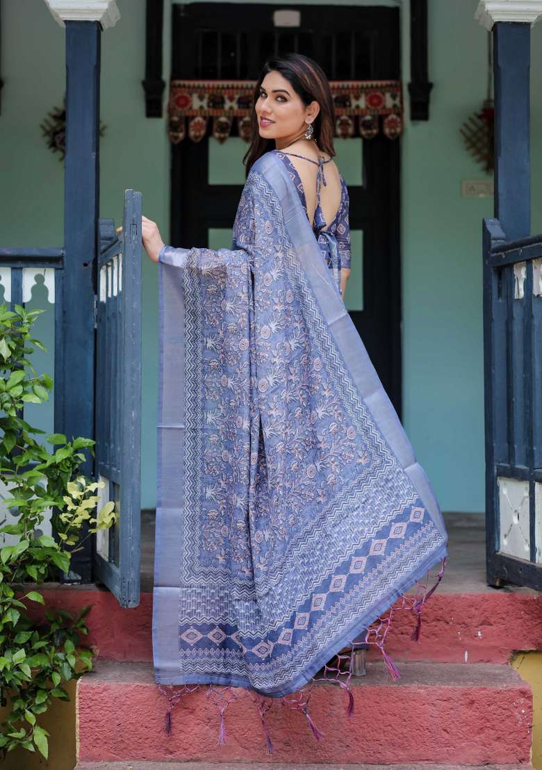 Blue Embroidery Linen Saree Set for Diwali and Festive Wear - Indya