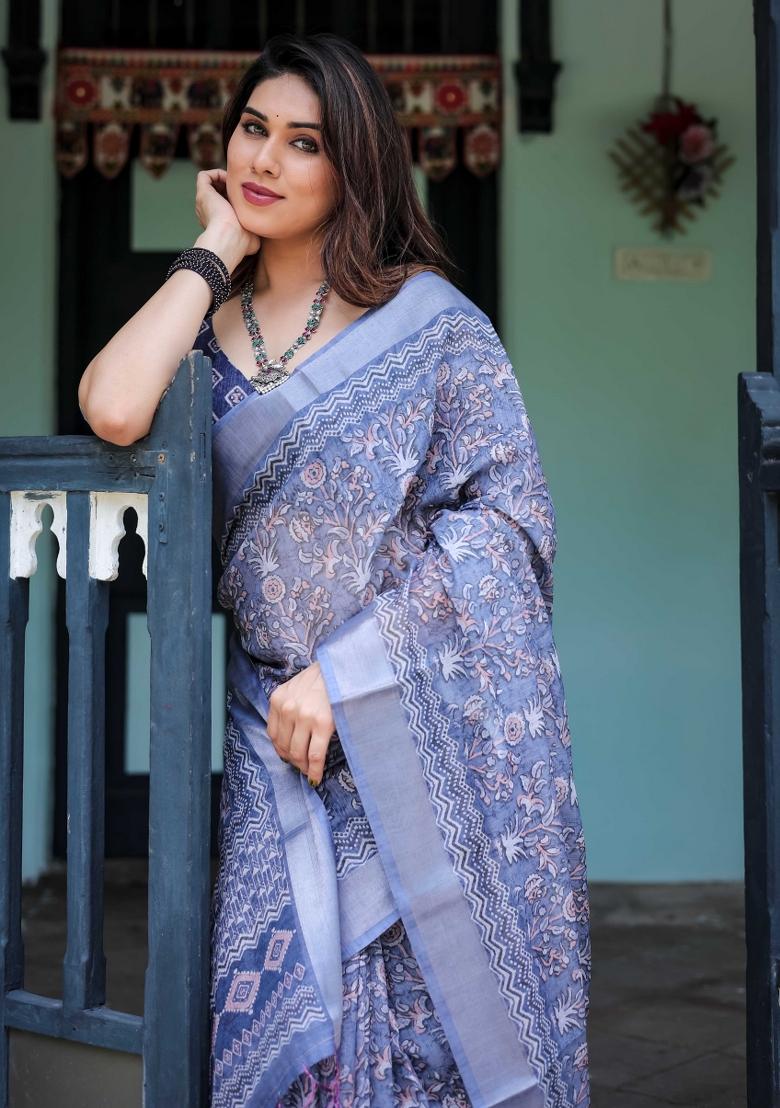 Blue Embroidery Linen Saree Set - Indya