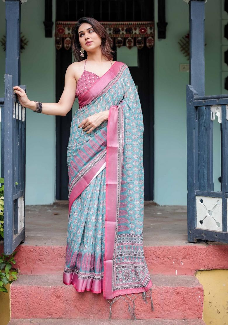 Sky Blue Embroidery Linen Saree Set - Indya