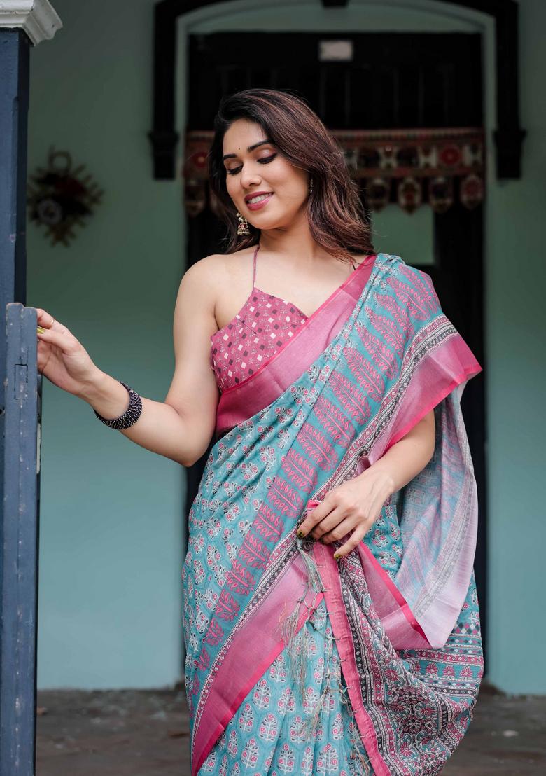 Sky Blue Embroidery Linen Saree Set - Indya