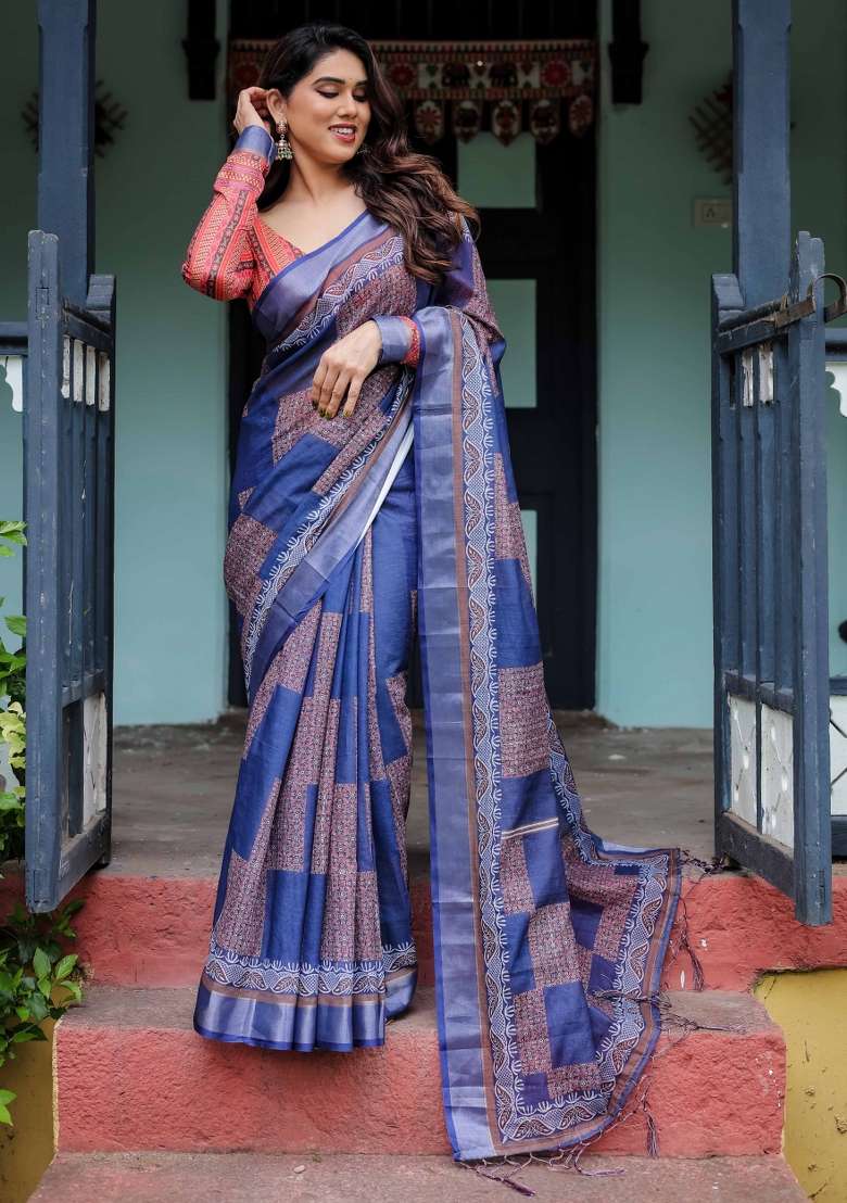 Blue Embroidery Linen Saree Set for Diwali and Festive Wear - Indya