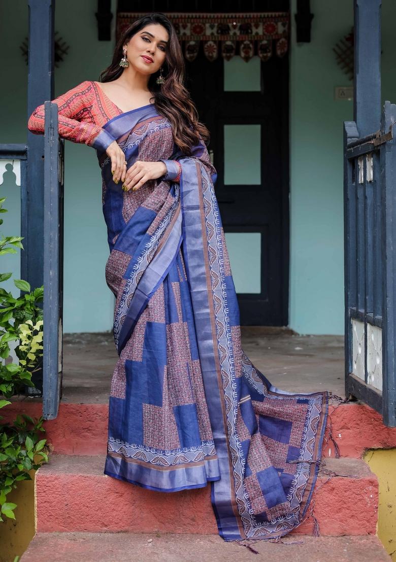 Blue Embroidery Linen Saree Set - Indya