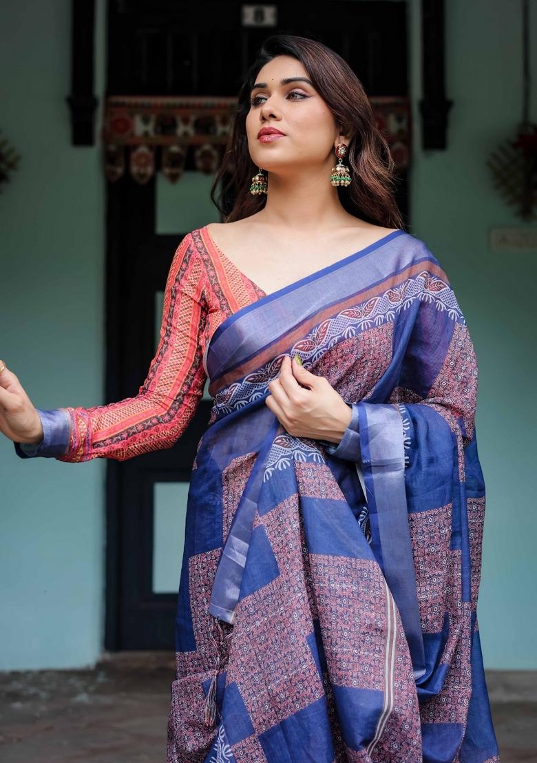Blue Embroidery Linen Saree Set - Indya