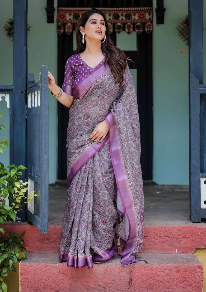 Grey Linen Saree Set with Embroidery for Diwali | Wedding & Festive Wear - Indya