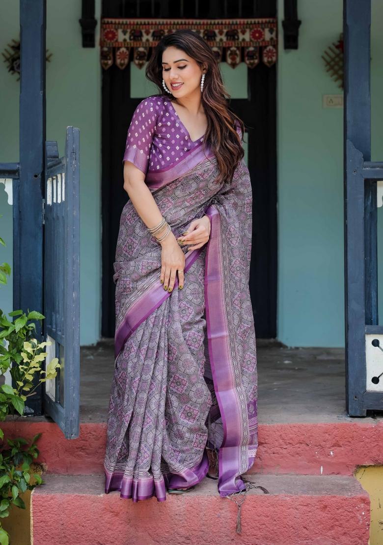 Grey Embroidery Linen Saree Set - Indya