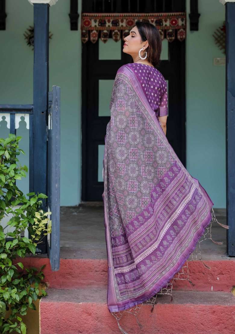 Grey Linen Saree Set with Embroidery for Diwali | Wedding & Festive Wear - Indya