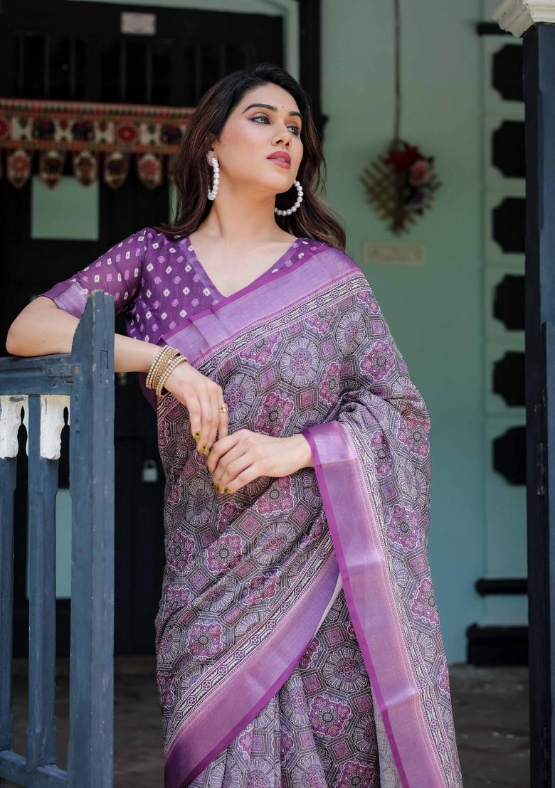 Grey Embroidery Linen Saree Set - Indya