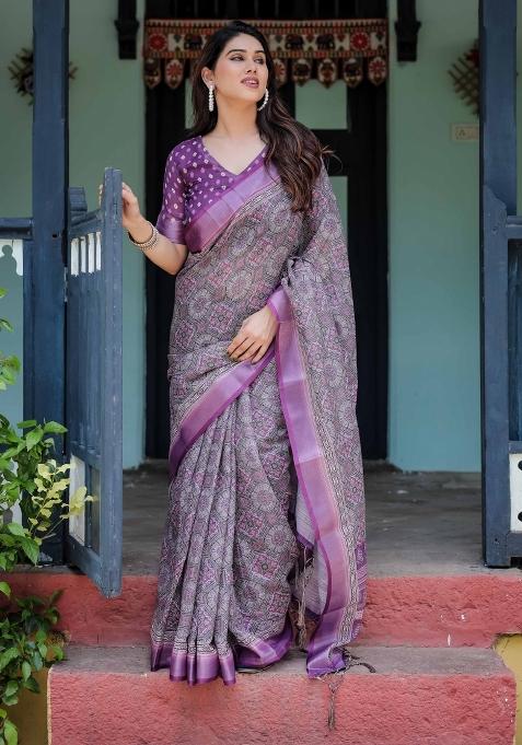 Grey Embroidery Linen Saree Set