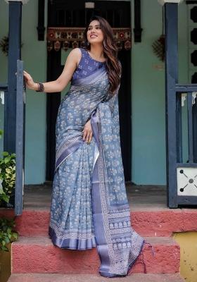Blue Embroidery Linen Saree Set