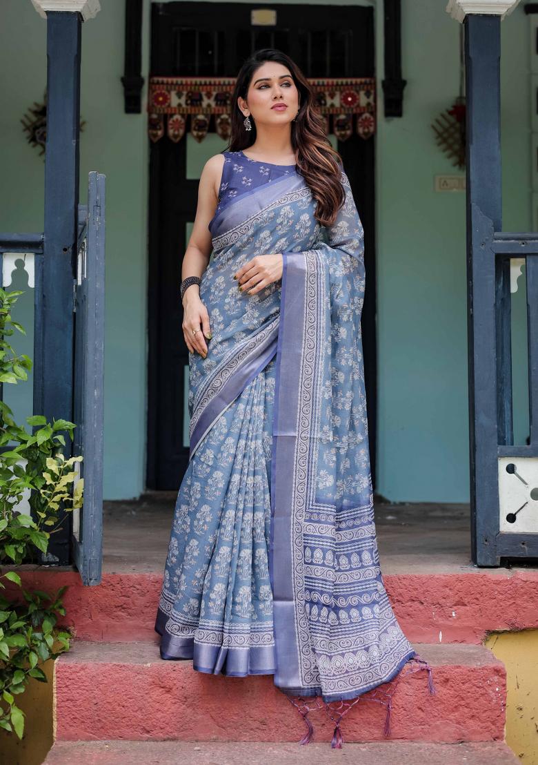 Blue Embroidery Linen Saree Set - Indya