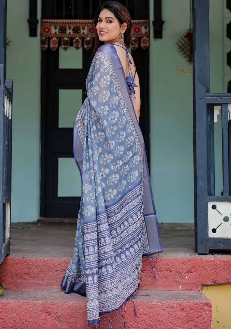 Blue Linen Saree Set with Embroidery for Diwali | Wedding & Festive Wear - Indya