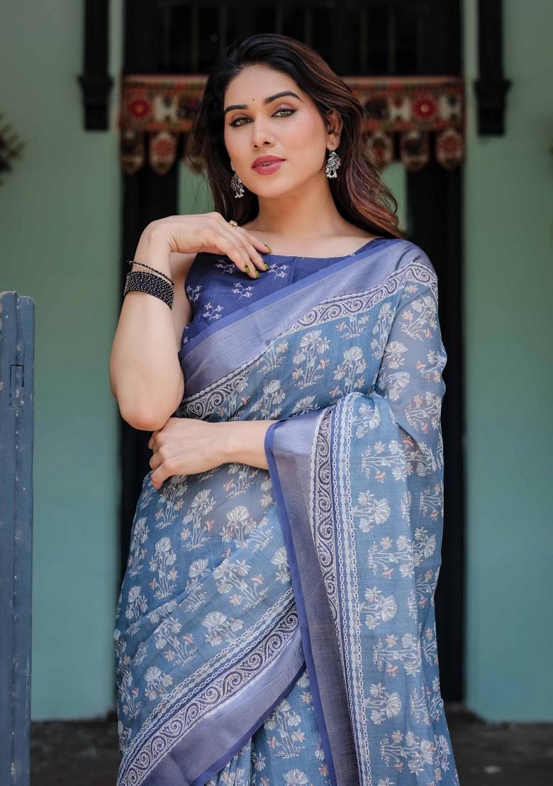 Blue Embroidery Linen Saree Set - Indya