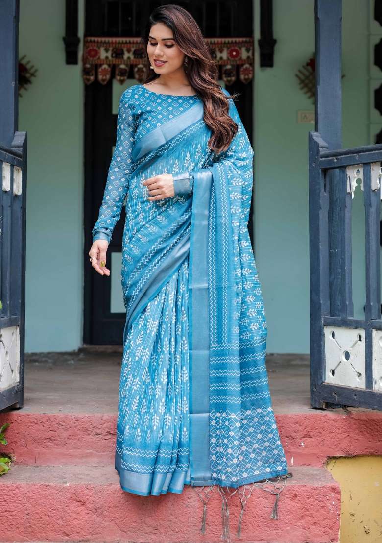 Blue Linen Saree Set with Embroidery for Diwali | Wedding & Festive Wear - Indya