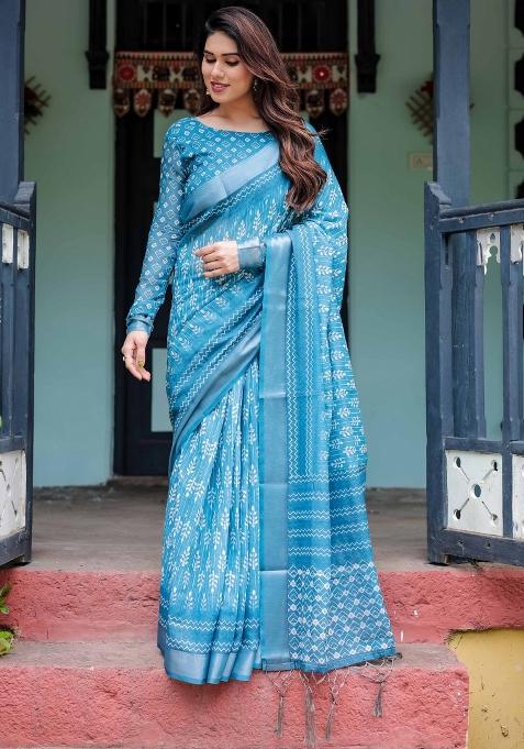 Blue Embroidery Linen Saree Set