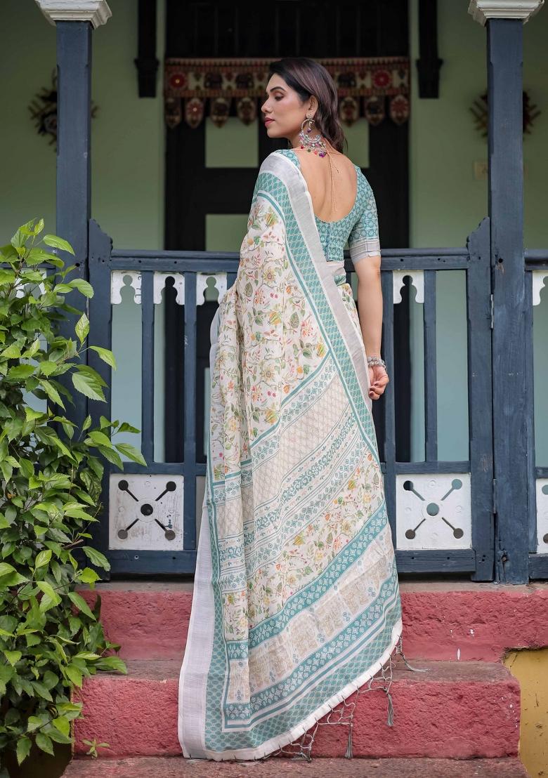 Off White Embroidery Linen Saree Set - Indya