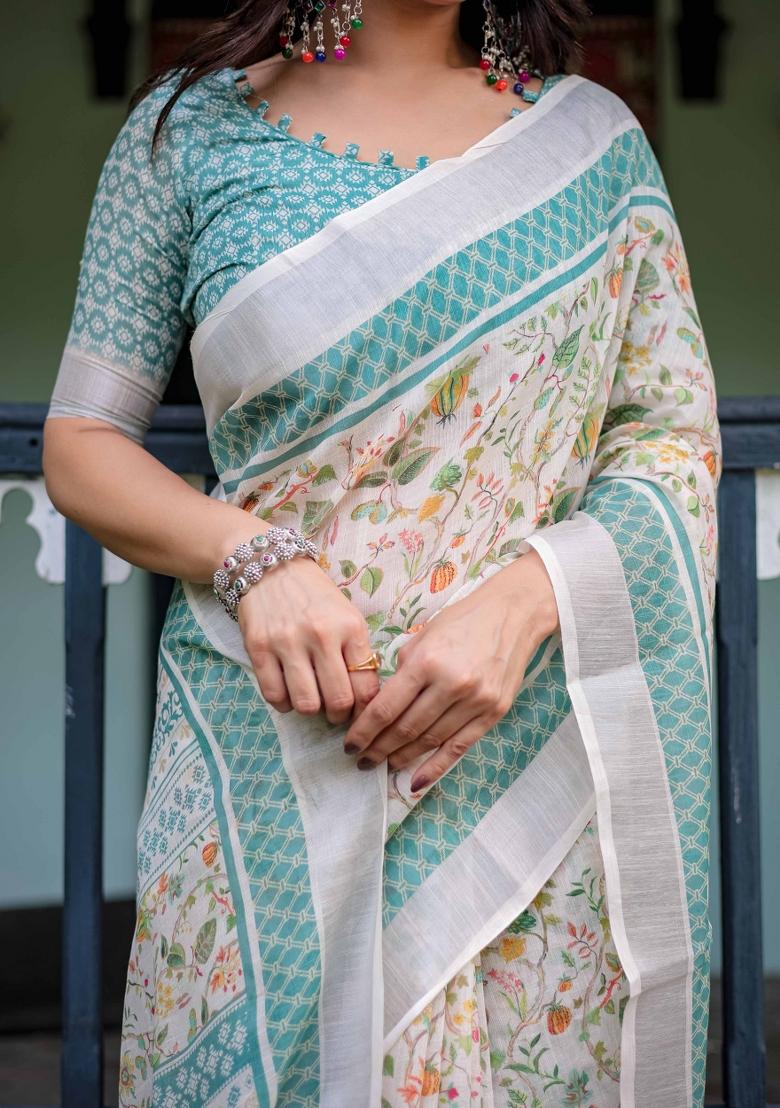 Off White Embroidery Linen Saree Set - Indya