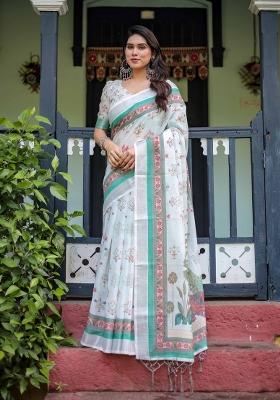White Embroidery Linen Saree Set