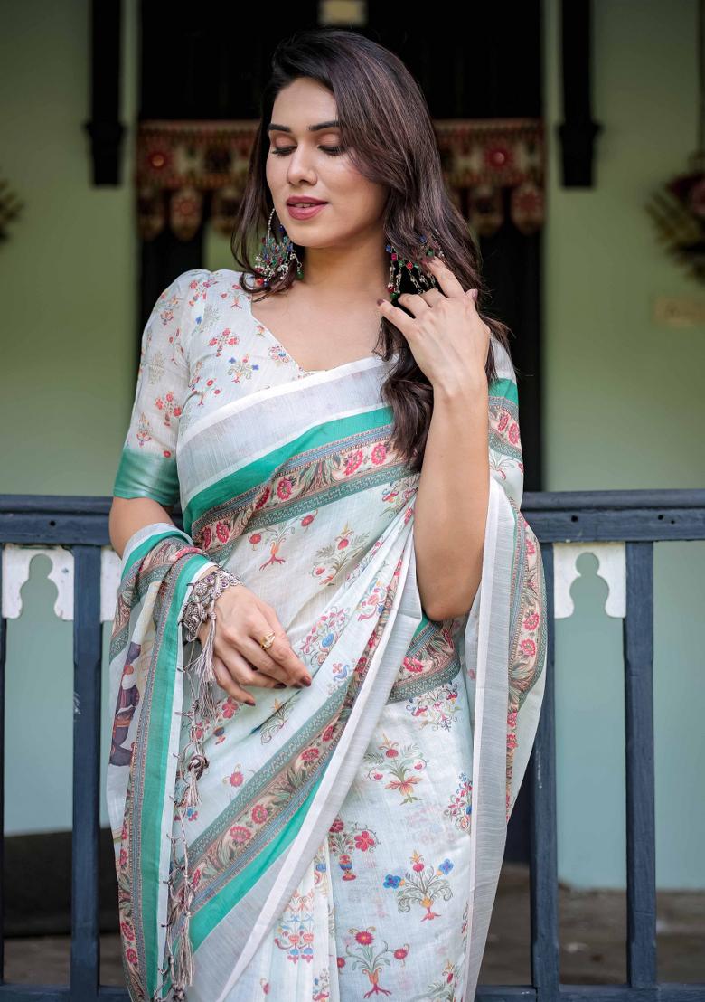 White Embroidery Linen Saree Set - Indya