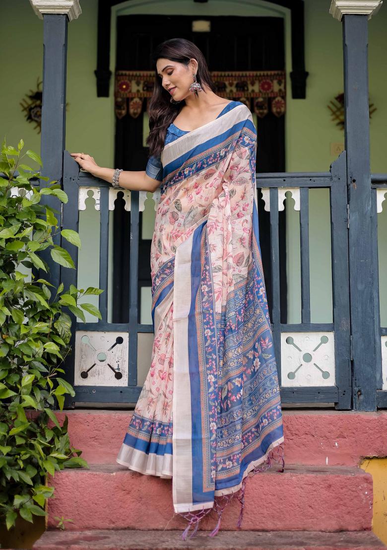 Cream Embroidery Linen Saree Set - Indya
