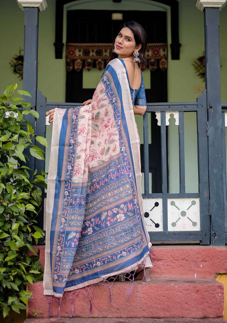 Cream Embroidery Linen Saree Set for Diwali and Festive Wear - Indya