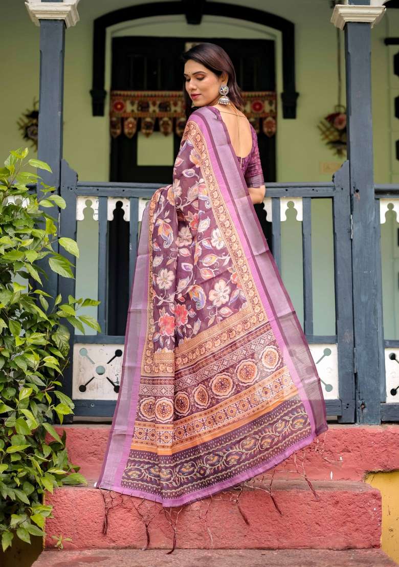 Wine Linen Saree Set with Embroidery for Diwali | Wedding & Festive Wear - Indya