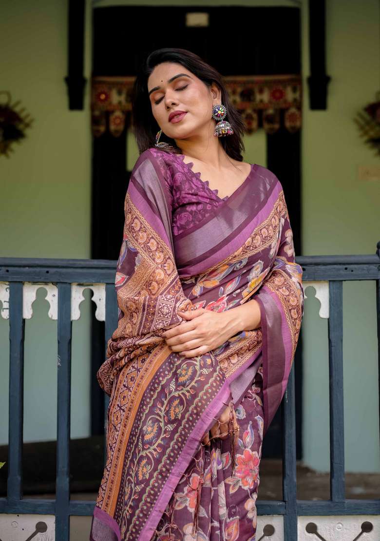 Wine Linen Saree Set with Embroidery for Diwali | Wedding & Festive Wear - Indya